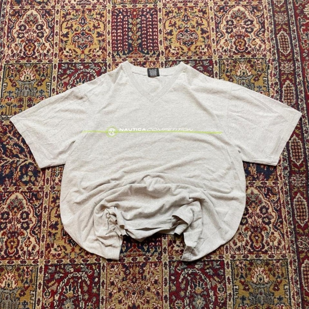 VTG‎ 90s 00s Nautica Competition center logo stripe v neck tee shirt XXL gray